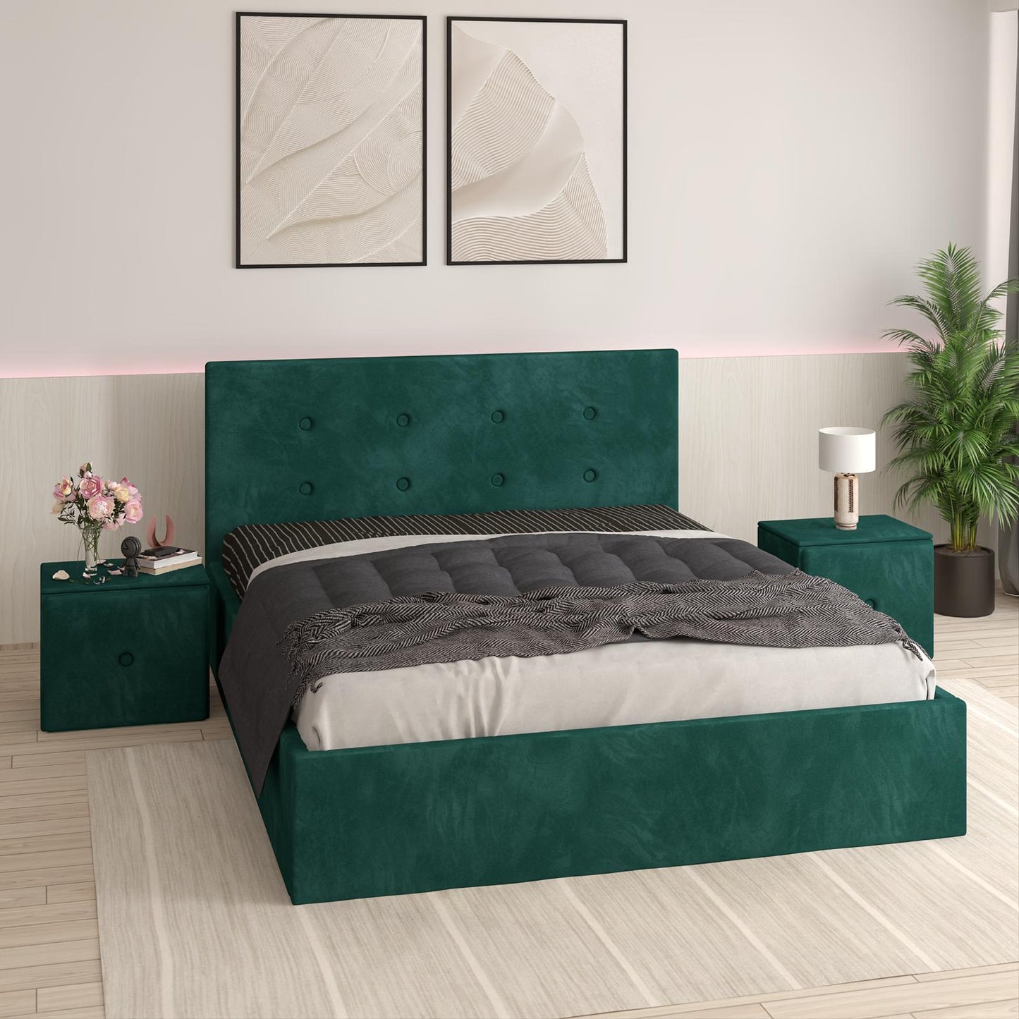 Pat Tapitat Daniel Verde Catifea Premium cu Noptiere Tapitate