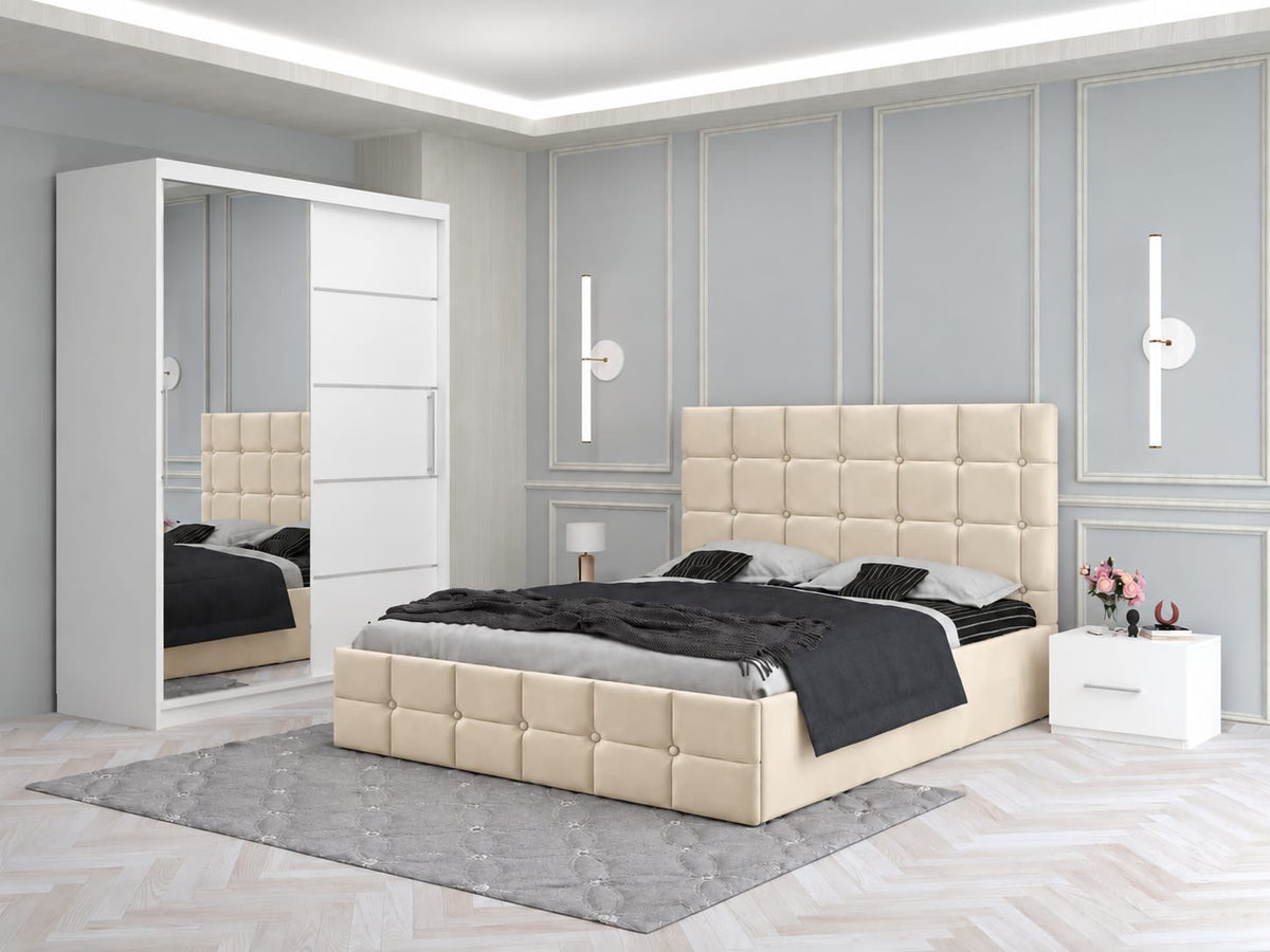 Dormitor Tapitat Roma Crem Cu Pat Tapitat, Dressing Smart 150 Si 2 Noptiere