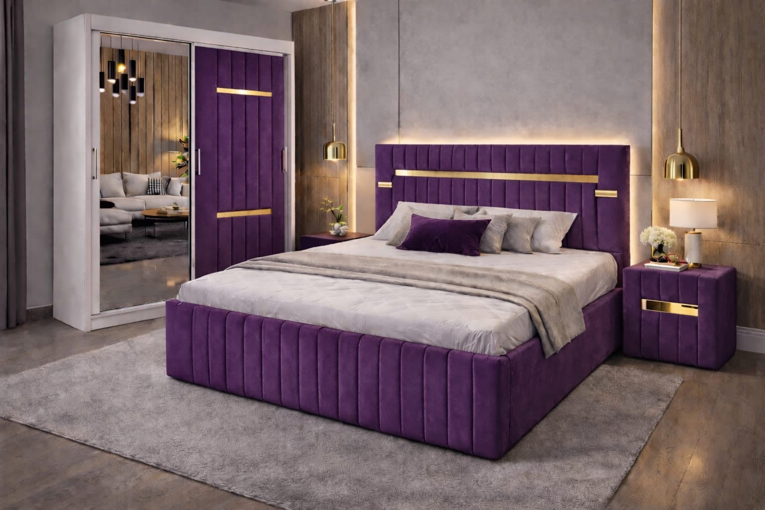 Dormitor Velvet Mov cu Dressing Tapițat Şi Noptiere Tapițate