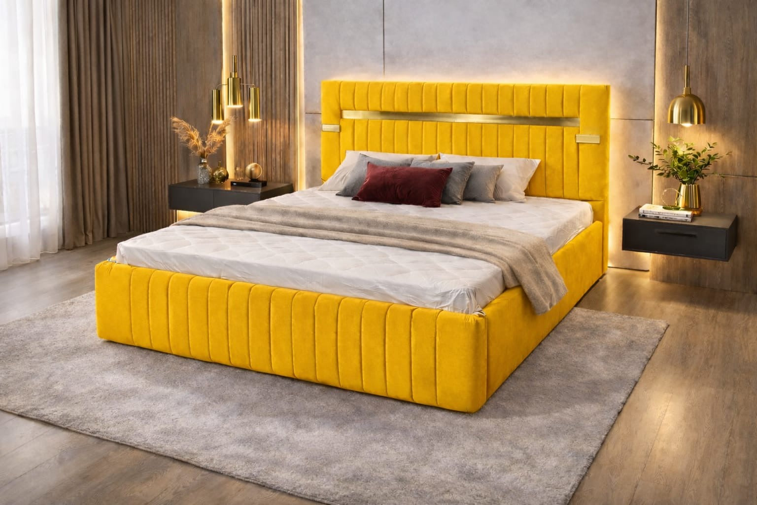 Pat Tapitat Velvet Galben Catifea Premium Cu Oglinda Aurie