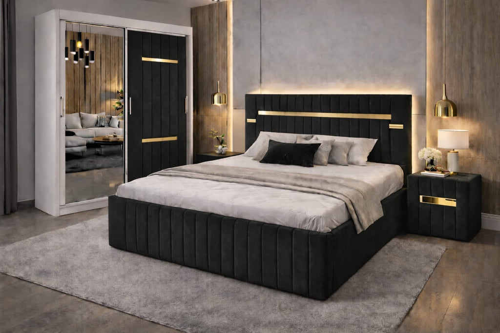Dormitor Velvet Negru cu Dressing Tapitat Si Noptiere Tapitate