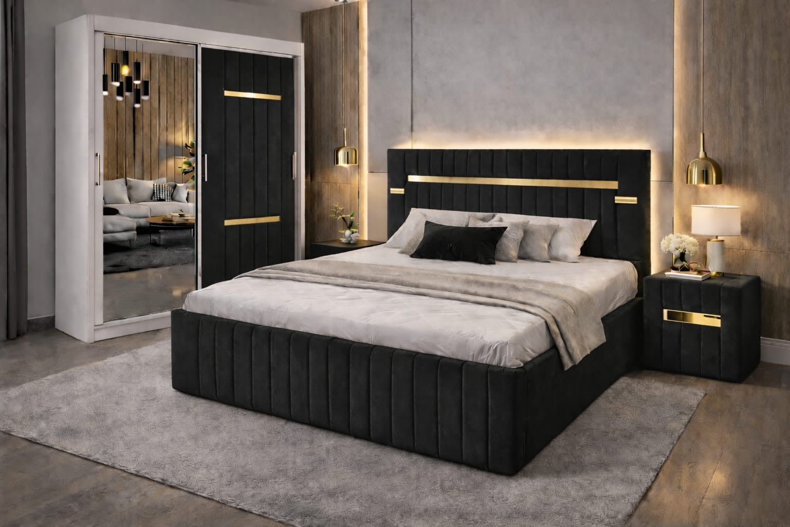 Dormitor Velvet Negru cu Dressing Tapitat Si Noptiere Tapitate
