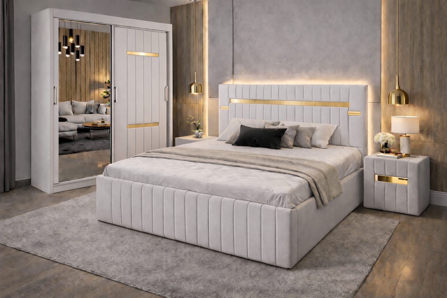 Dormitor Velvet Alb cu Dressing Tapițat Și Noptiere Tapițate