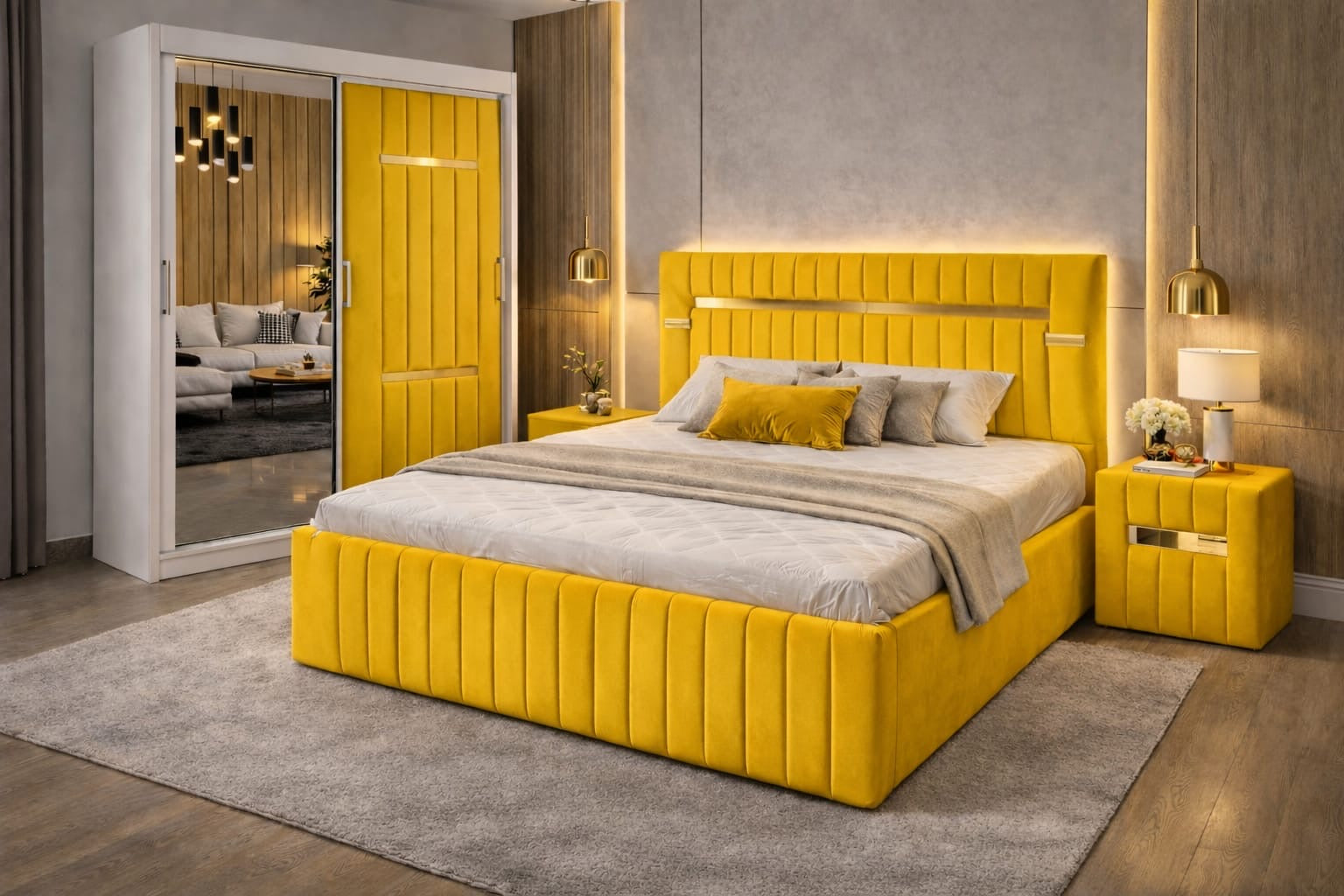 Dormitor Velvet Galben cu Dressing Tapitat Si Noptiere Tapitate