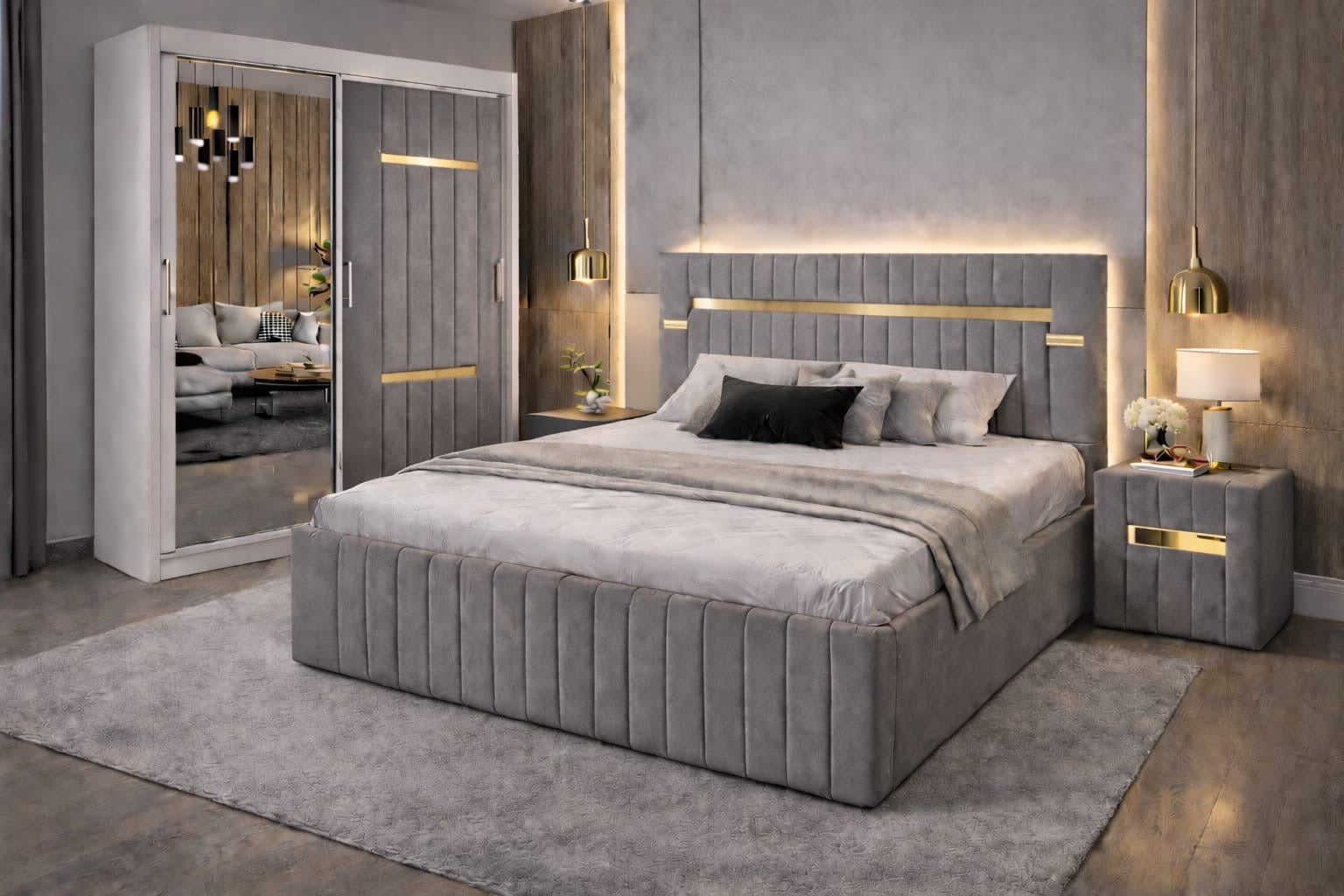 Dormitor Velvet Gri cu Dressing Tapitat Si Noptiere Tapitate