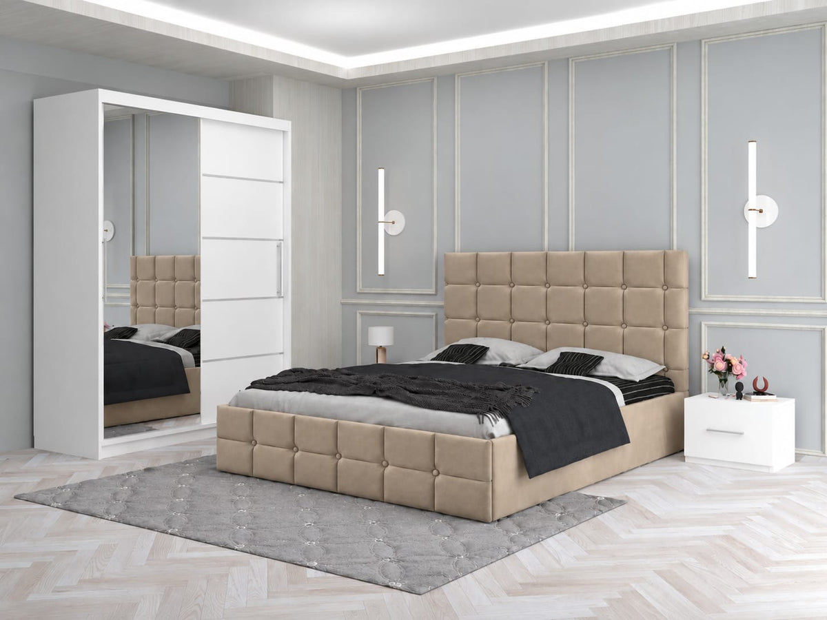 Dormitor Tapitat Roma Bej Cu Pat Tapitat, Dressing Smart 150 Si 2 Noptiere
