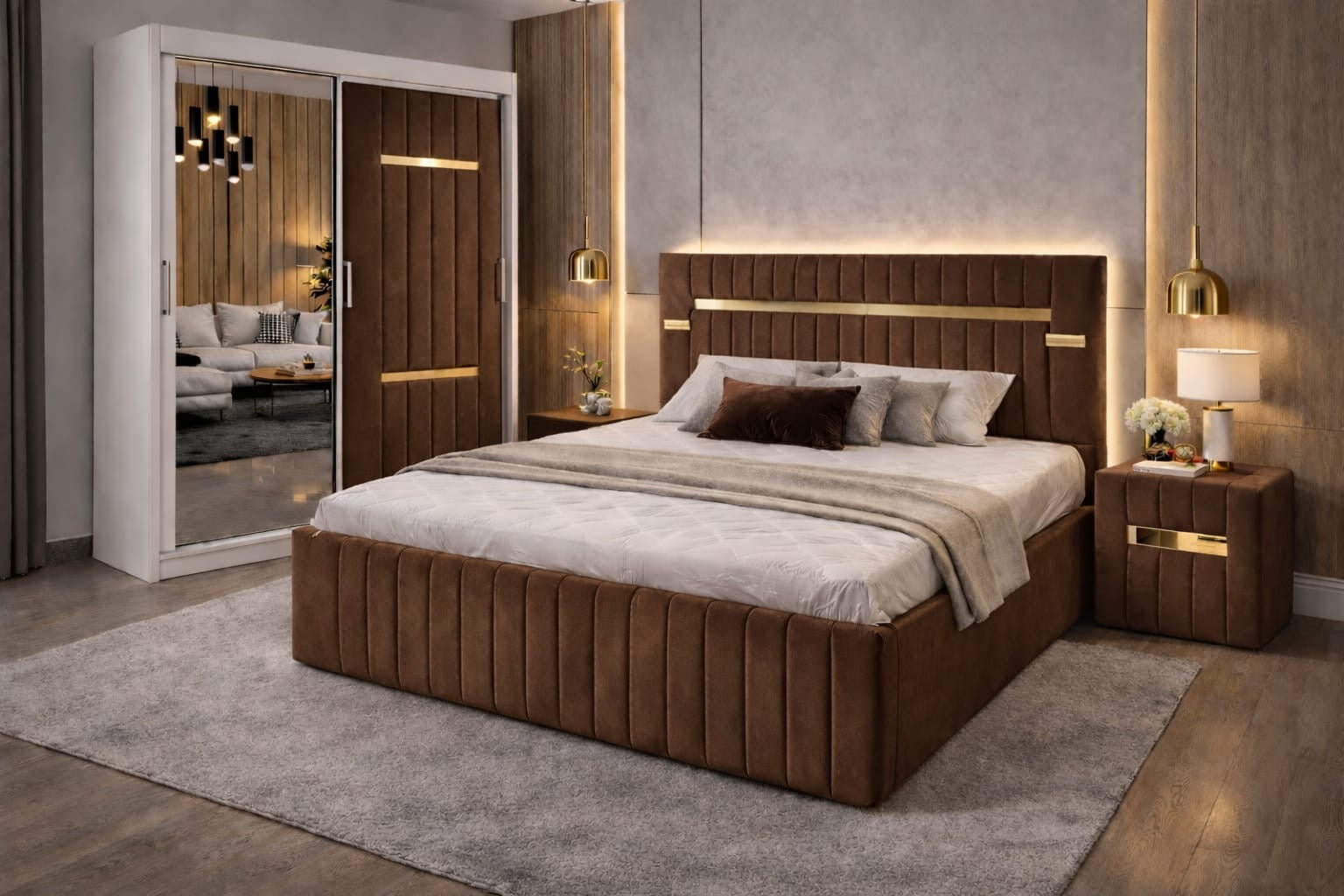 Dormitor Velvet Maro cu Dressing Tapitat Si Noptiere Tapitate