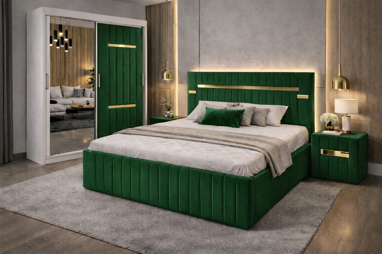 Dormitor Velvet Verde cu Dressing Tapitat Si Noptiere Tapitate