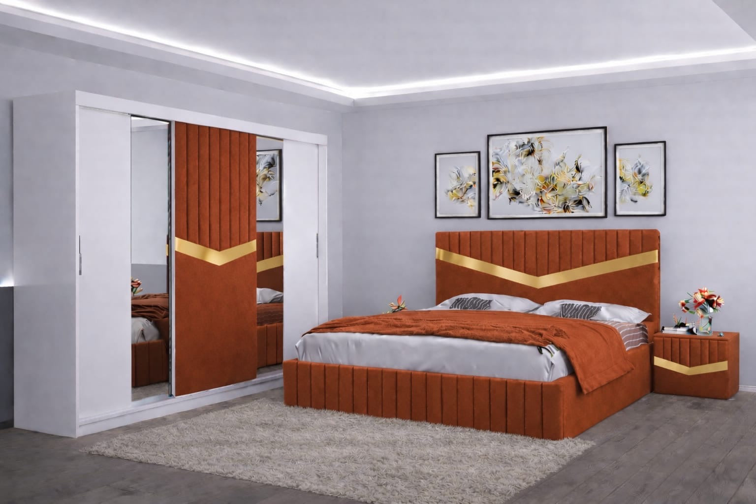 Dormitor Tapițat Valentino Albastru Catifea Premium Pat Tapițat, Dressing Tapițat 250 Si 2 Noptiere Tapițate