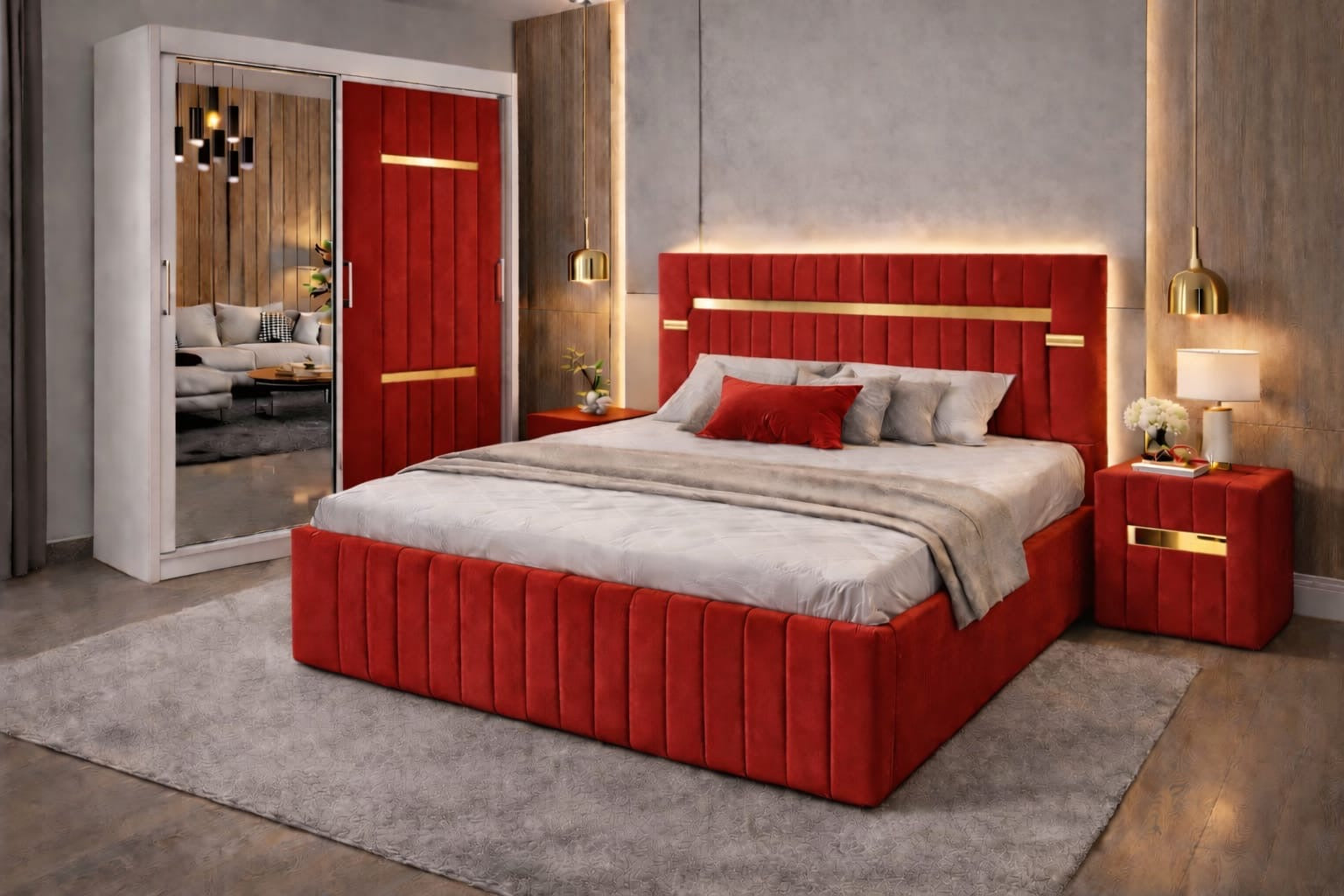 Dormitor Velvet Roșu cu Dressing Tapitat Si Noptiere Tapitate