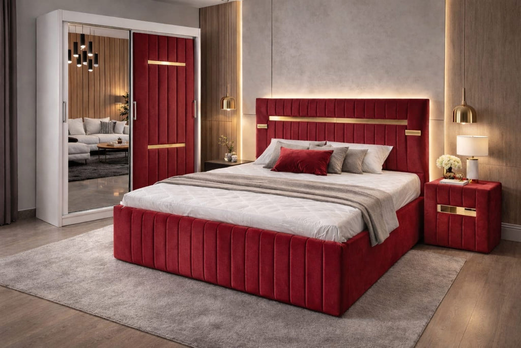 Dormitor Velvet Vișiniu cu Dressing Tapitat Si Noptiere Tapitate