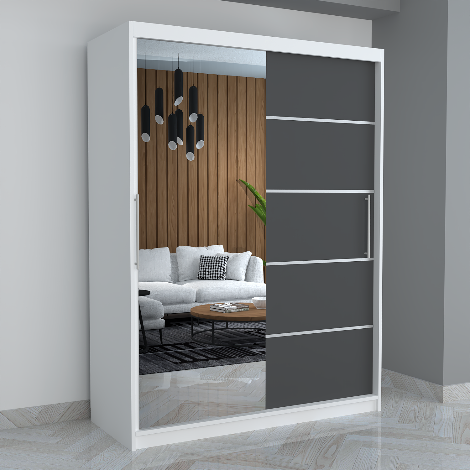 Dressing Smart 150 Alb cu Oglinda si Usi Gri