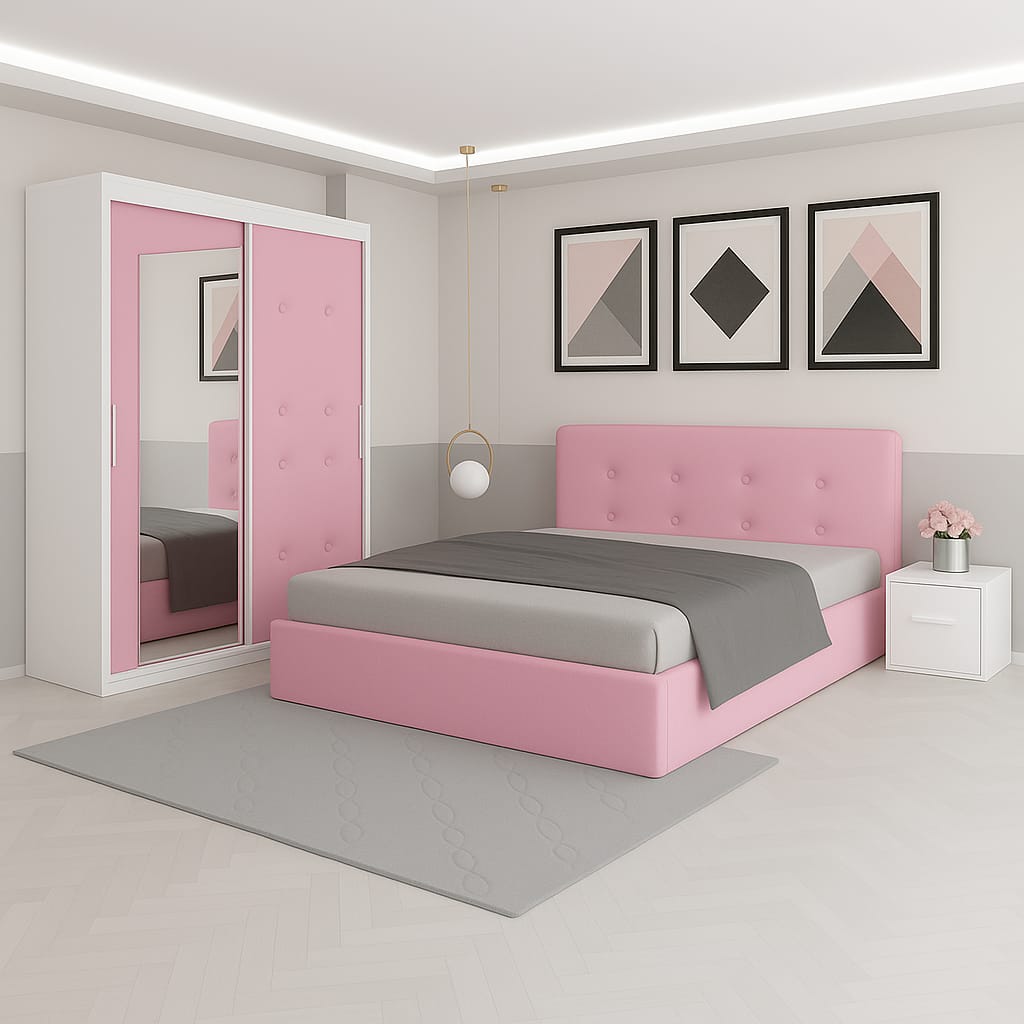 Dormitor Aris Roz Catifea Premium cu Dressing Tapițat Si 2 Noptiere