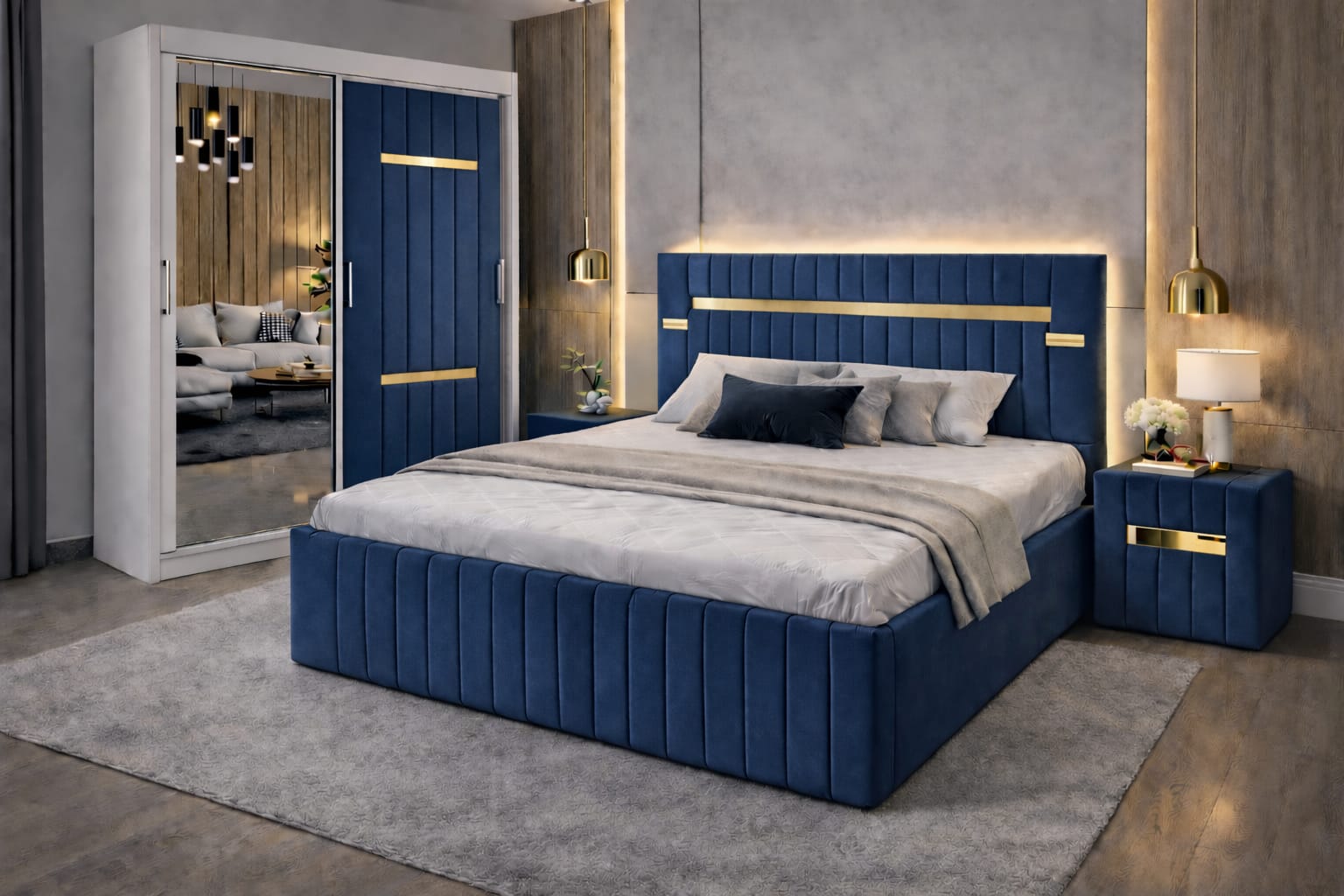 Dormitor Velvet Albastru cu Dressing Tapitat Si Noptiere Tapitate