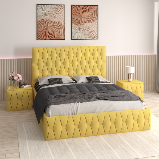 Pat Tapitat Ana Galben Catifea Premium cu Noptiere Tapitate
