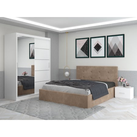Dormitor Aris Gri cu Dressing 150 si Pat Tapitat Cu 2 Noptiere
