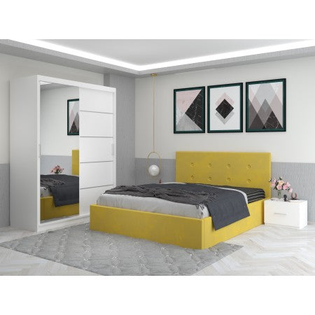 Dormitor Aris Galben Cu Dressing 150 Si Pat Tapitat Cu 2 Noptiere