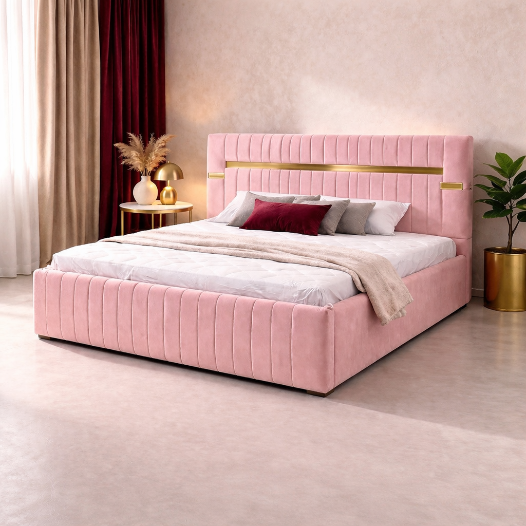 Pat Tapitat Velvet Roz Catifea Premium Cu Oglinda Aurie