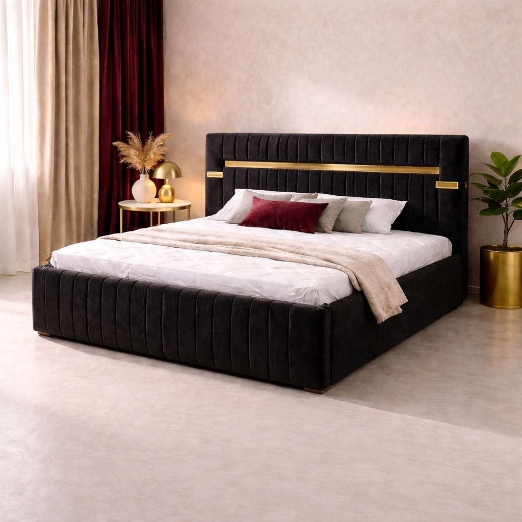 Pat Tapitat Velvet Negru Catifea Premium Cu Oglinda Aurie