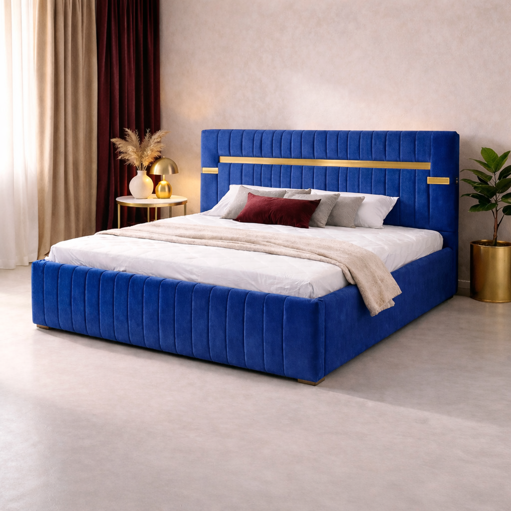 Pat Tapitat Velvet Albastru Catifea Premium Cu Oglinda Aurie