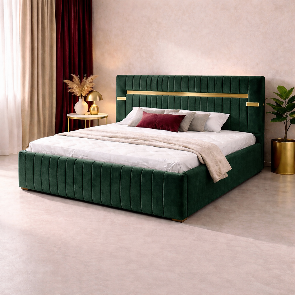 Pat Tapitat Velvet Verde Catifea Premium Cu Oglinda Aurie