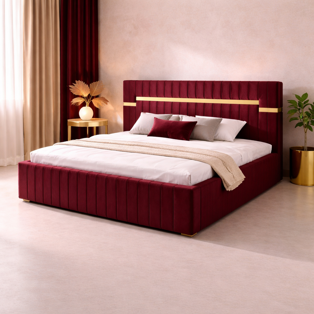 Pat Tapitat Velvet Visiniu Catifea Premium Cu Oglinda Aurie