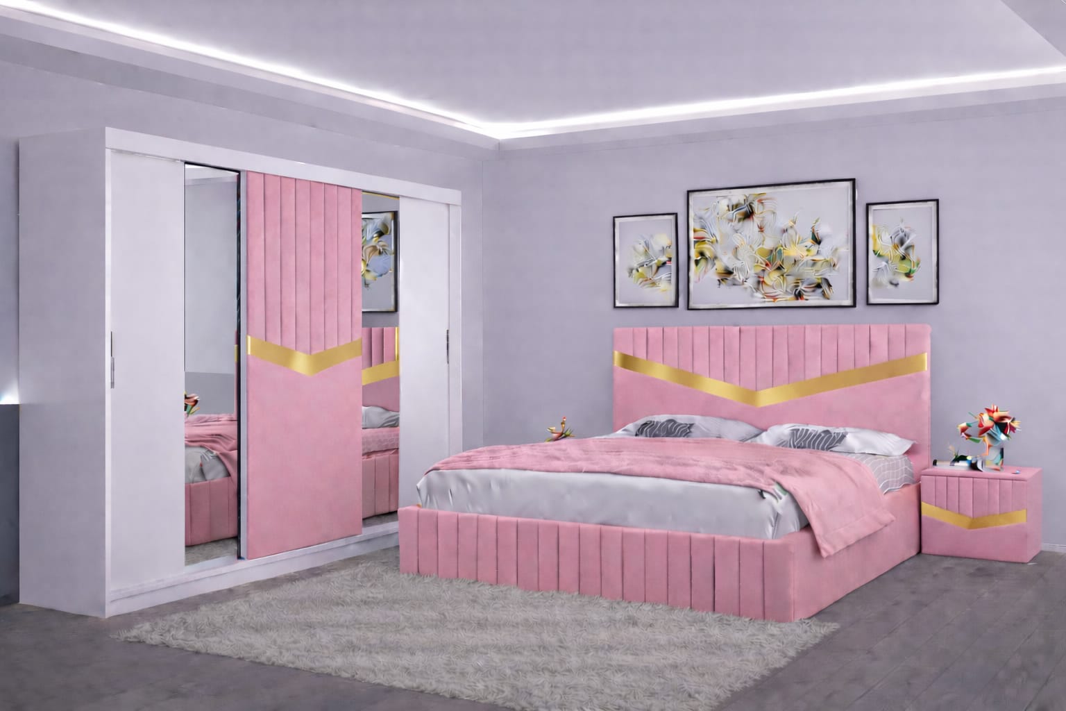 Dormitor Tapițat Valentino Roz Catifea Premium Pat Tapițat, Dressing Tapițat 250 Si 2 Noptiere Tapițate