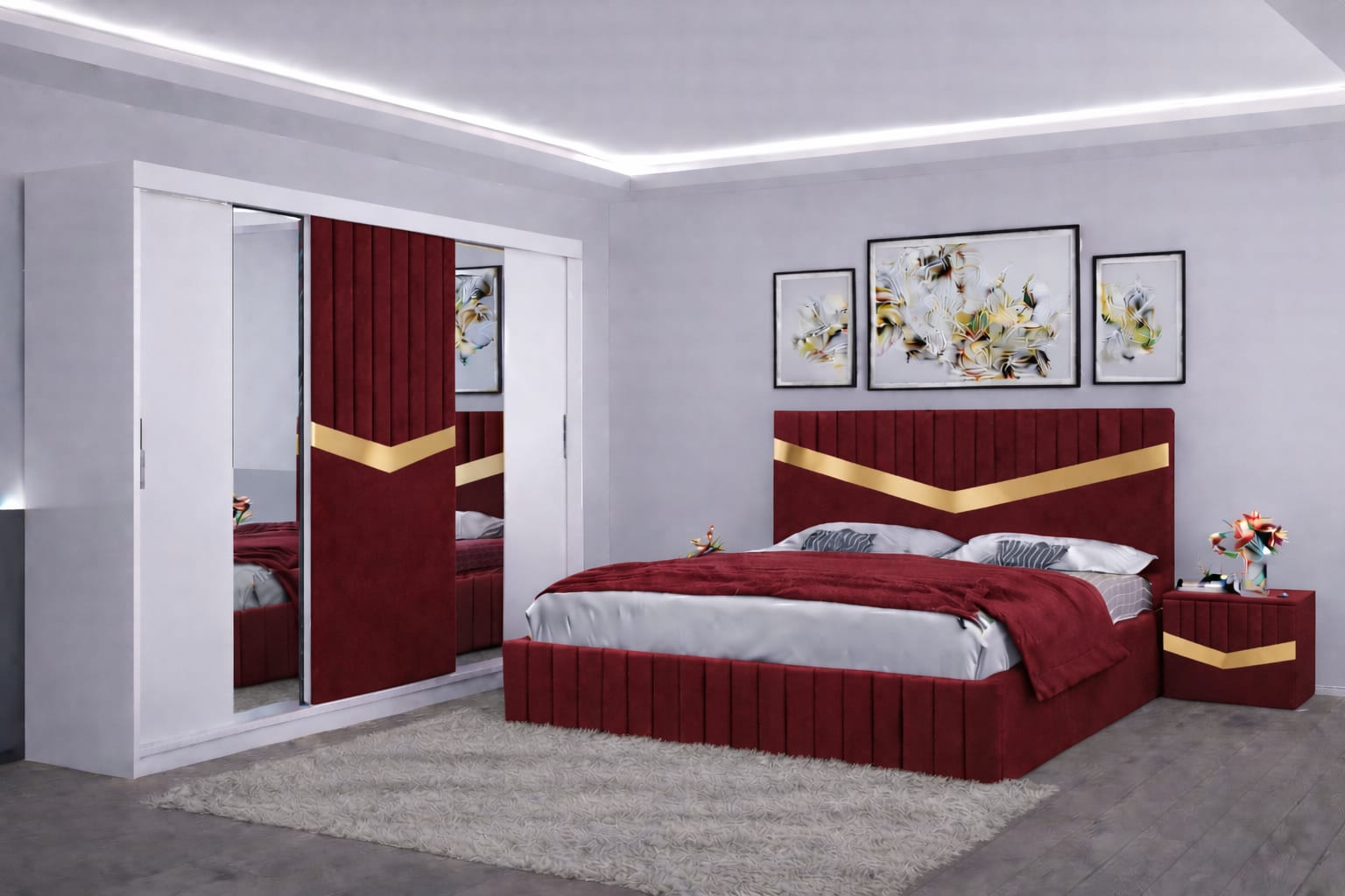 Dormitor Tapițat Valentino Visiniu Catifea Premium Pat Tapițat, Dressing Tapițat 250 Si 2 Noptiere Tapițate