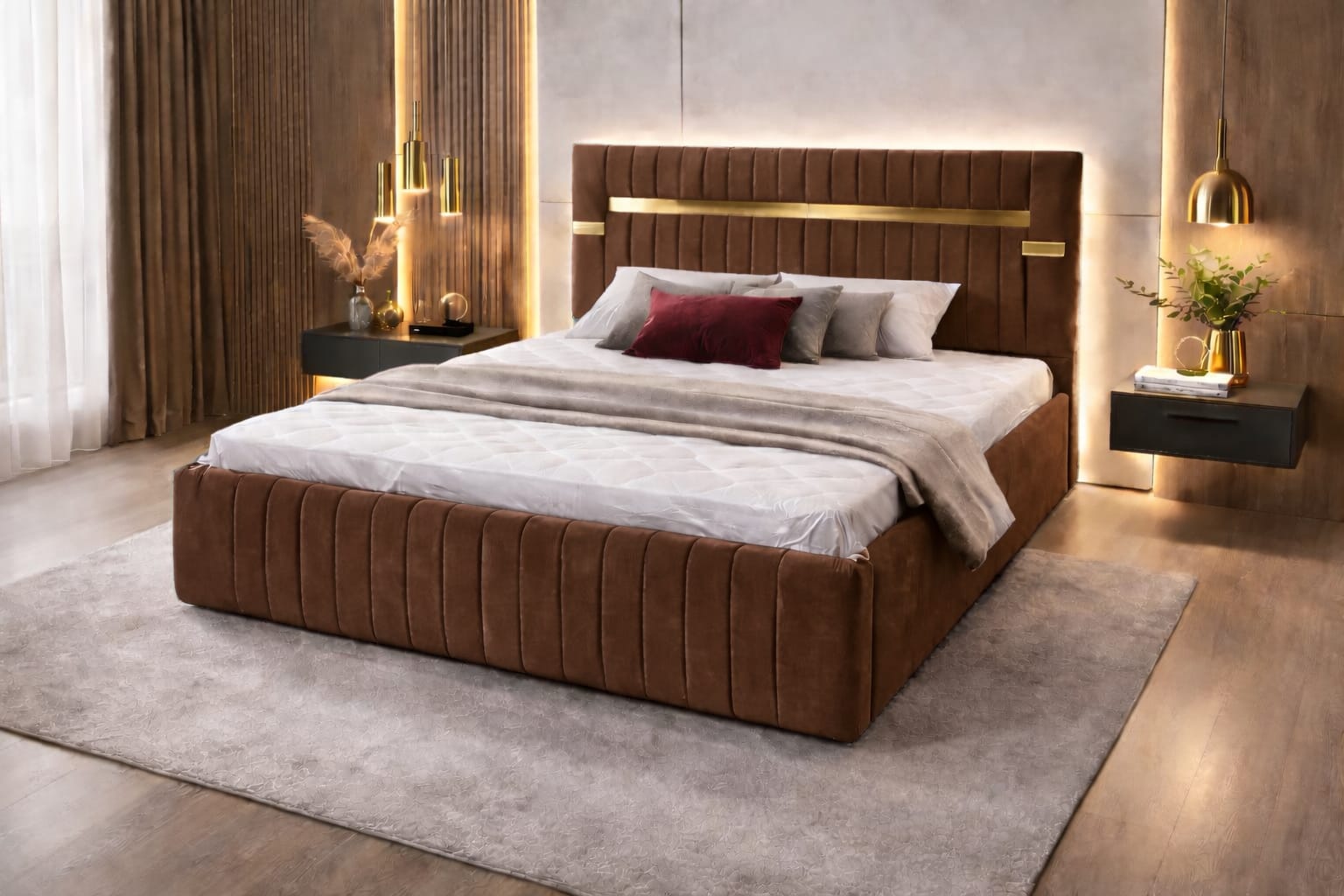 Pat Tapitat Velvet Maro Catifea Premium Cu Oglinda Aurie