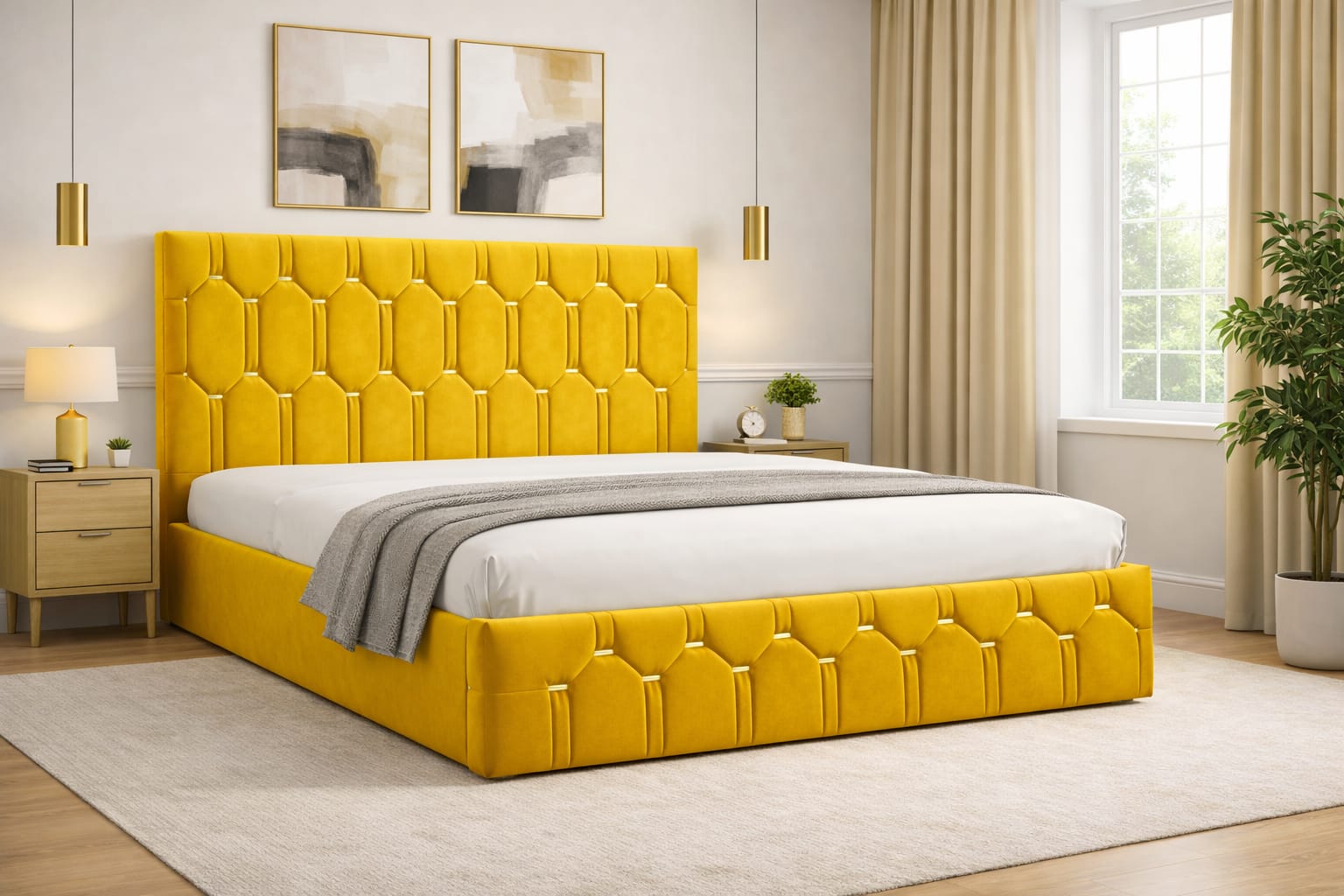 Pat Tapițat Regal Galben Catifea Premium