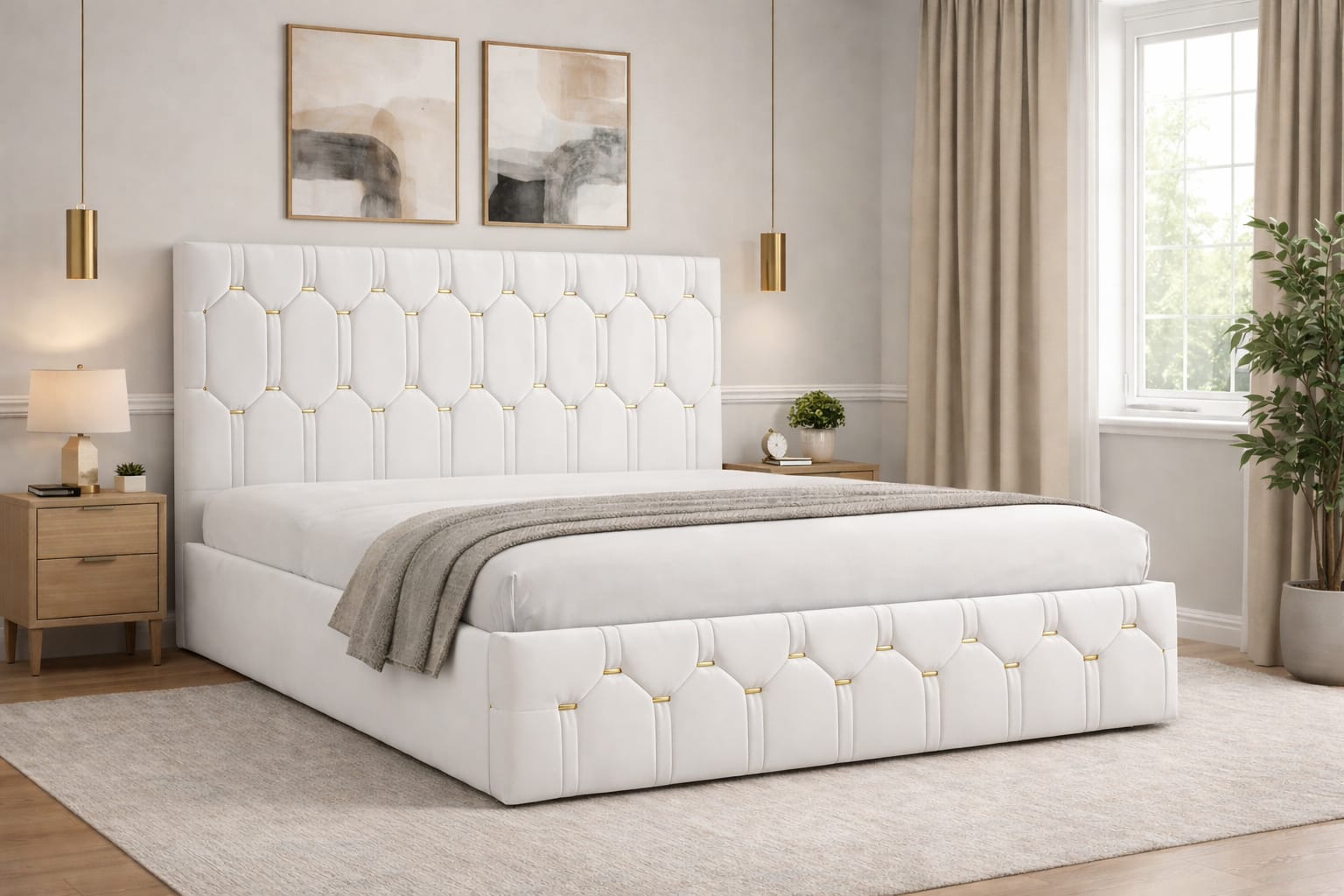 Pat Tapițat Regal Alb Catifea Premium