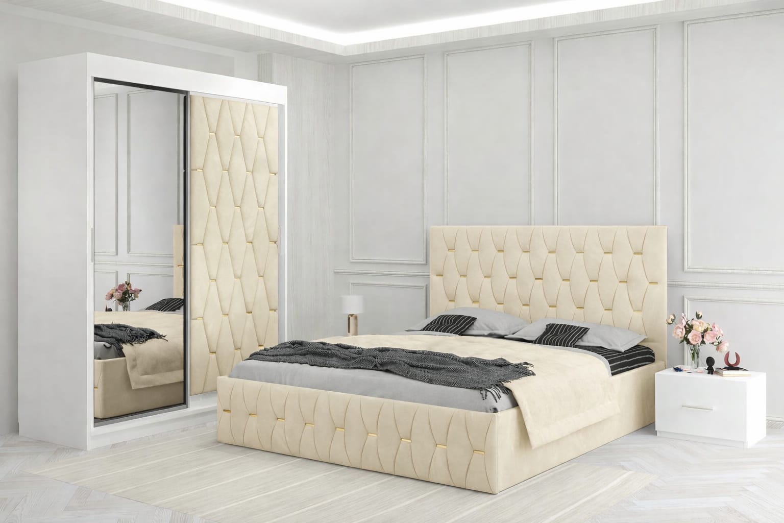 Dormitor Ana Crem cu Dressing Tapitat si 2 Noptiere