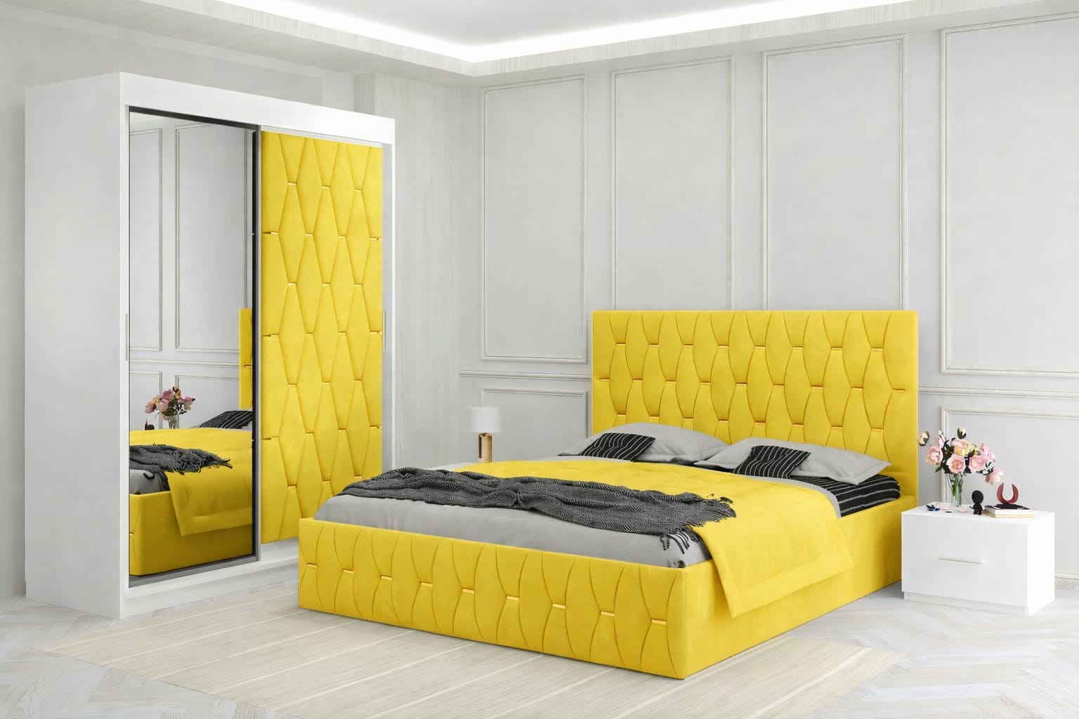 Dormitor Ana Galben cu Dressing Tapitat si 2 Noptiere