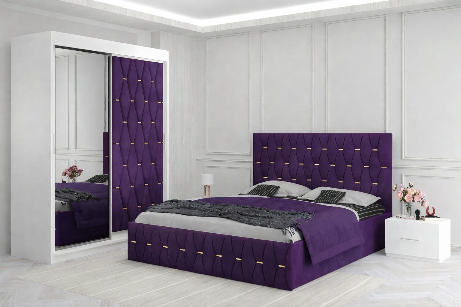 Dormitor Ana Mov cu Dressing Tapitat si 2 Noptiere