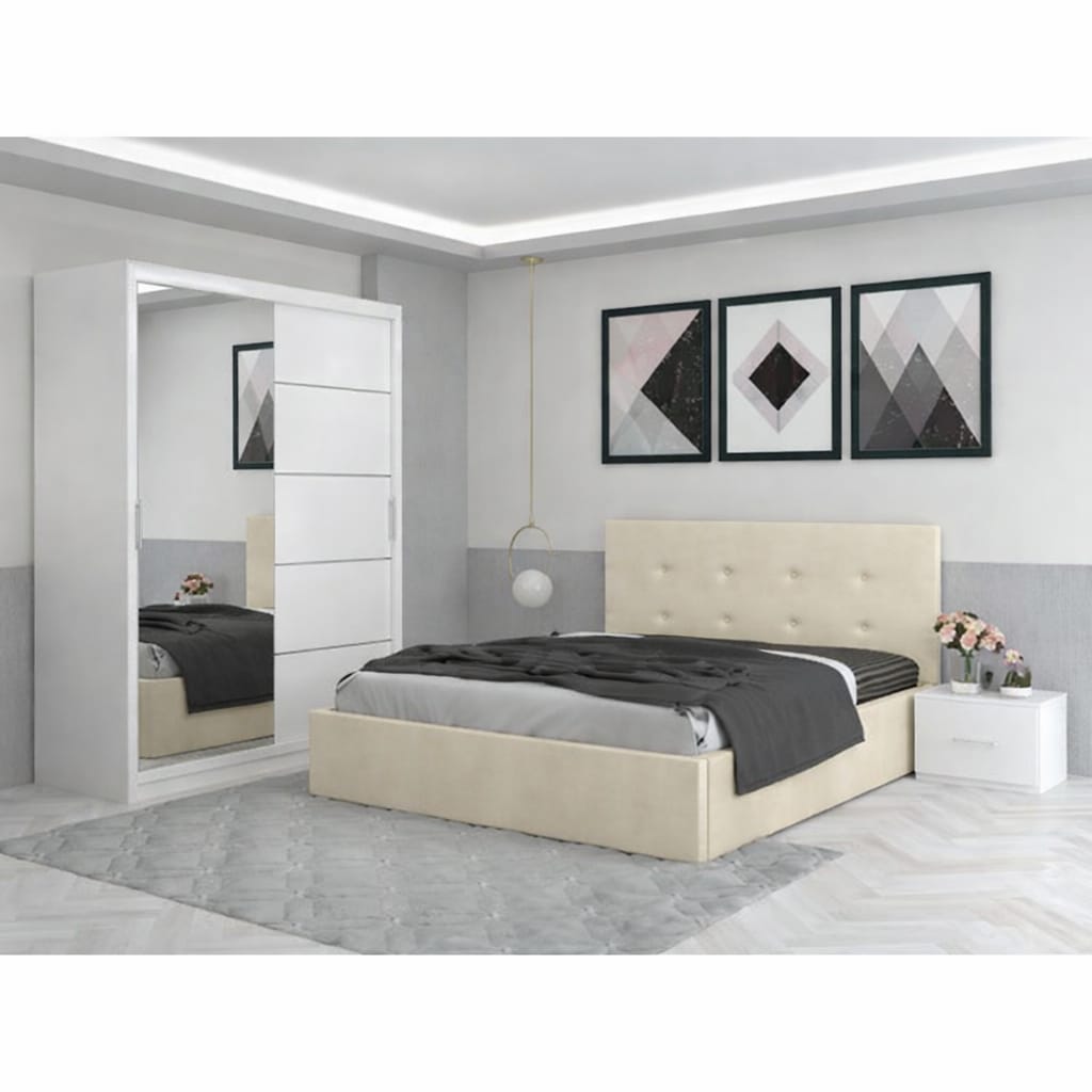 Dormitor Aris Crem Cu Dressing 150 Si Pat Tapitat Cu 2 Noptiere