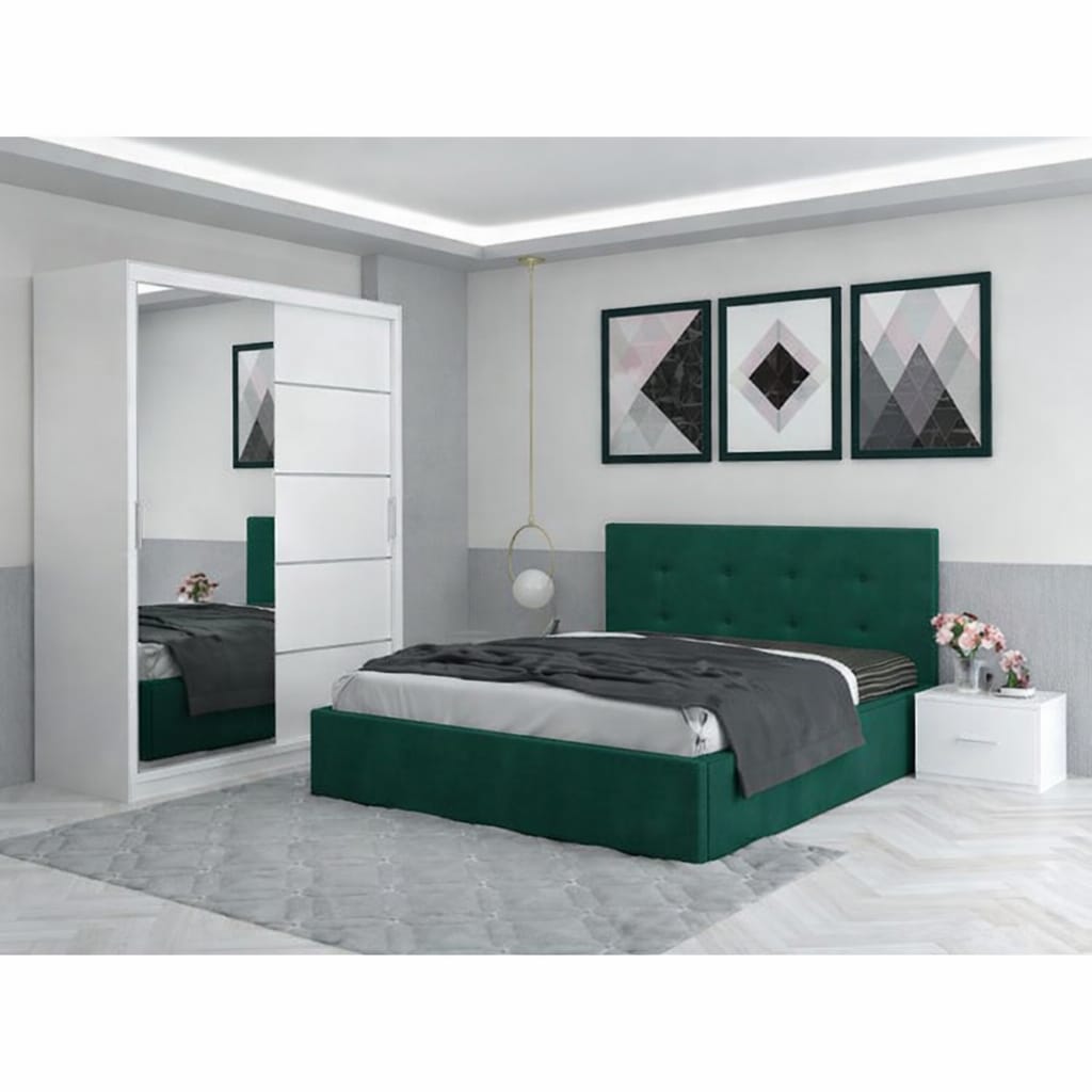 Dormitor Aris Verde Cu Dressing 150 Si Pat Tapitat Cu 2 Noptiere