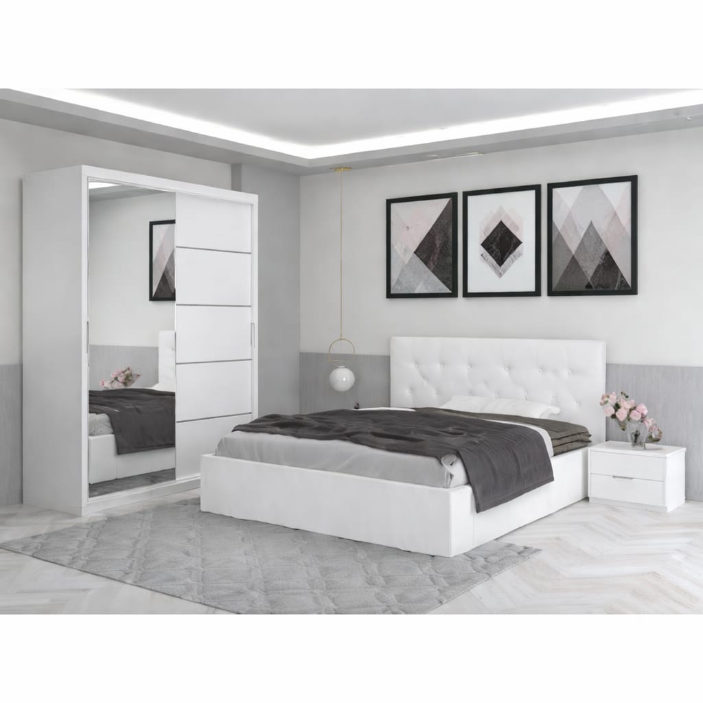 Dormitor Aris Alb cu Dressing 150 si Pat Tapitat Cu 2 Noptiere