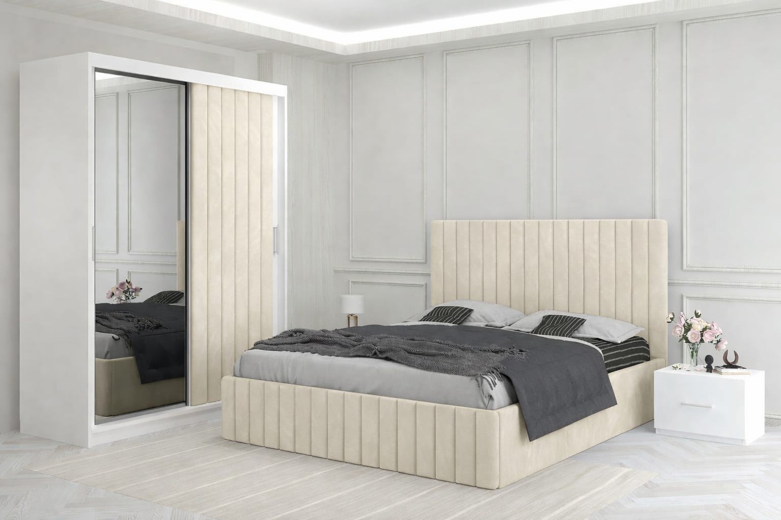 Dormitor Melania Crem cu Dressing Tapitat