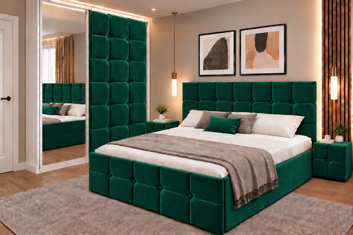 Dormitor Tapitat Roma Verde Catifea Premium Cu Pat Tapitat, Dressing 150 Tapitat Cu Oglinda Si Noptiere Tapitate