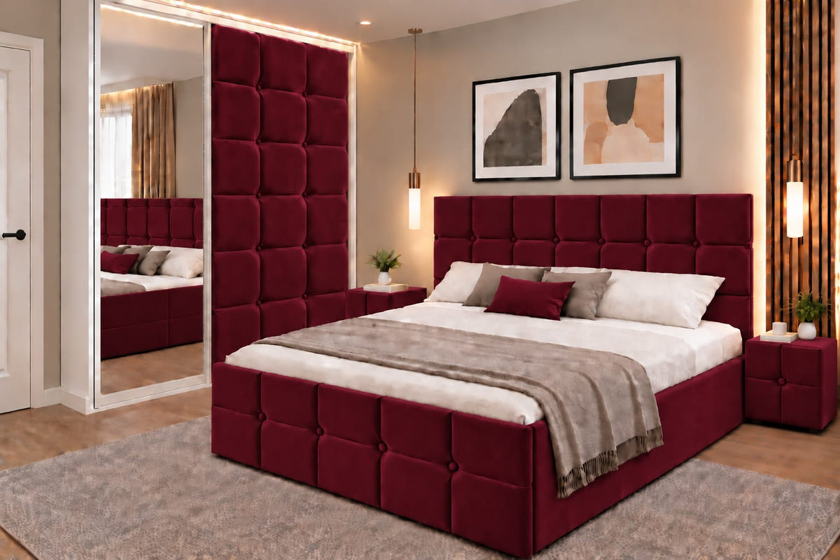 Dormitor Tapitat Roma Visiniu Catifea Premium Cu Pat Tapitat, Dressing 150 Tapitat Cu Oglinda Si Noptiere Tapitate
