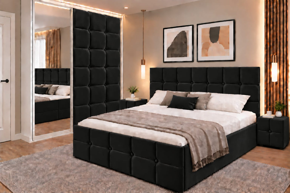 Dormitor Tapitat Roma Negru Catifea Premium Cu Pat Tapitat, Dressing 150 Tapitat Cu Oglinda Si Noptiere Tapitate