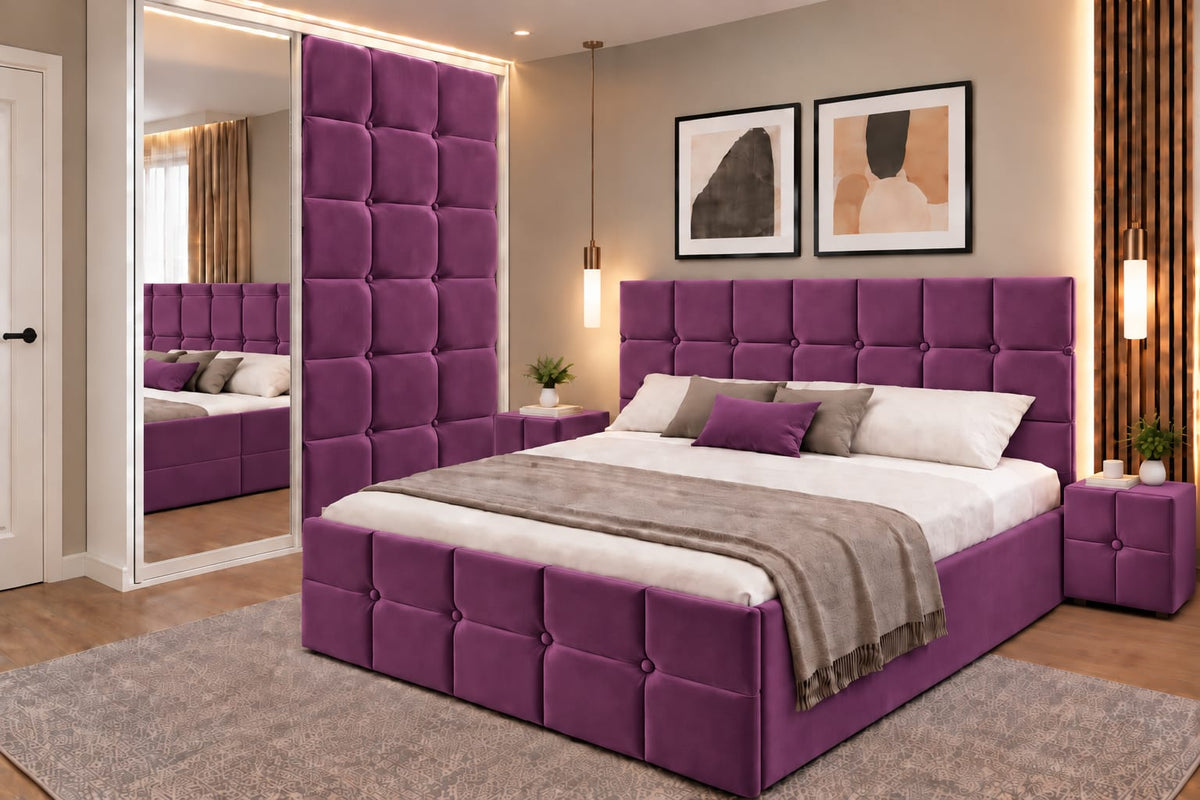 Dormitor Tapitat Roma Mov Catifea Premium Cu Pat Tapitat, Dressing 150 Tapitat Cu Oglinda Si Noptiere Tapitate