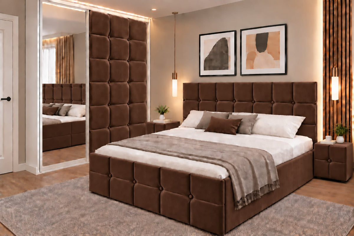 Dormitor Tapitat Roma Maro Catifea Premium Cu Pat Tapitat, Dressing 150 Tapitat Cu Oglinda Si Noptiere Tapitate