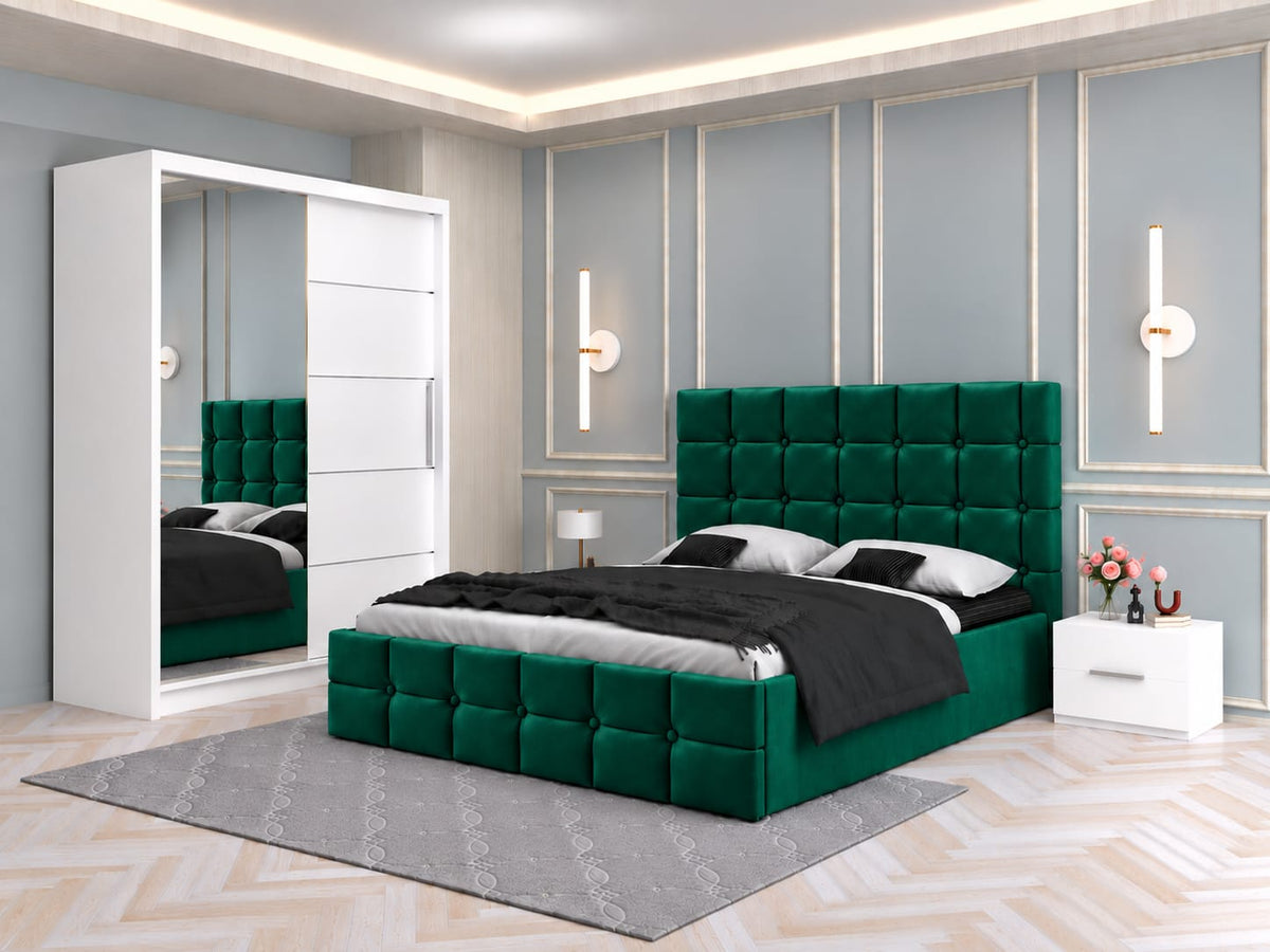 Dormitor Tapitat Roma Verde Cu Pat Tapitat, Dressing Smart 150 Si 2 Noptiere
