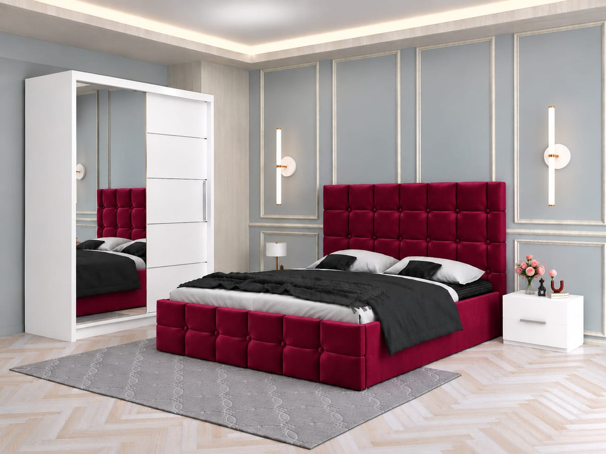 Dormitor Tapitat Roma Visiniu Cu Pat Tapitat, Dressing Smart 150 Si 2 Noptiere