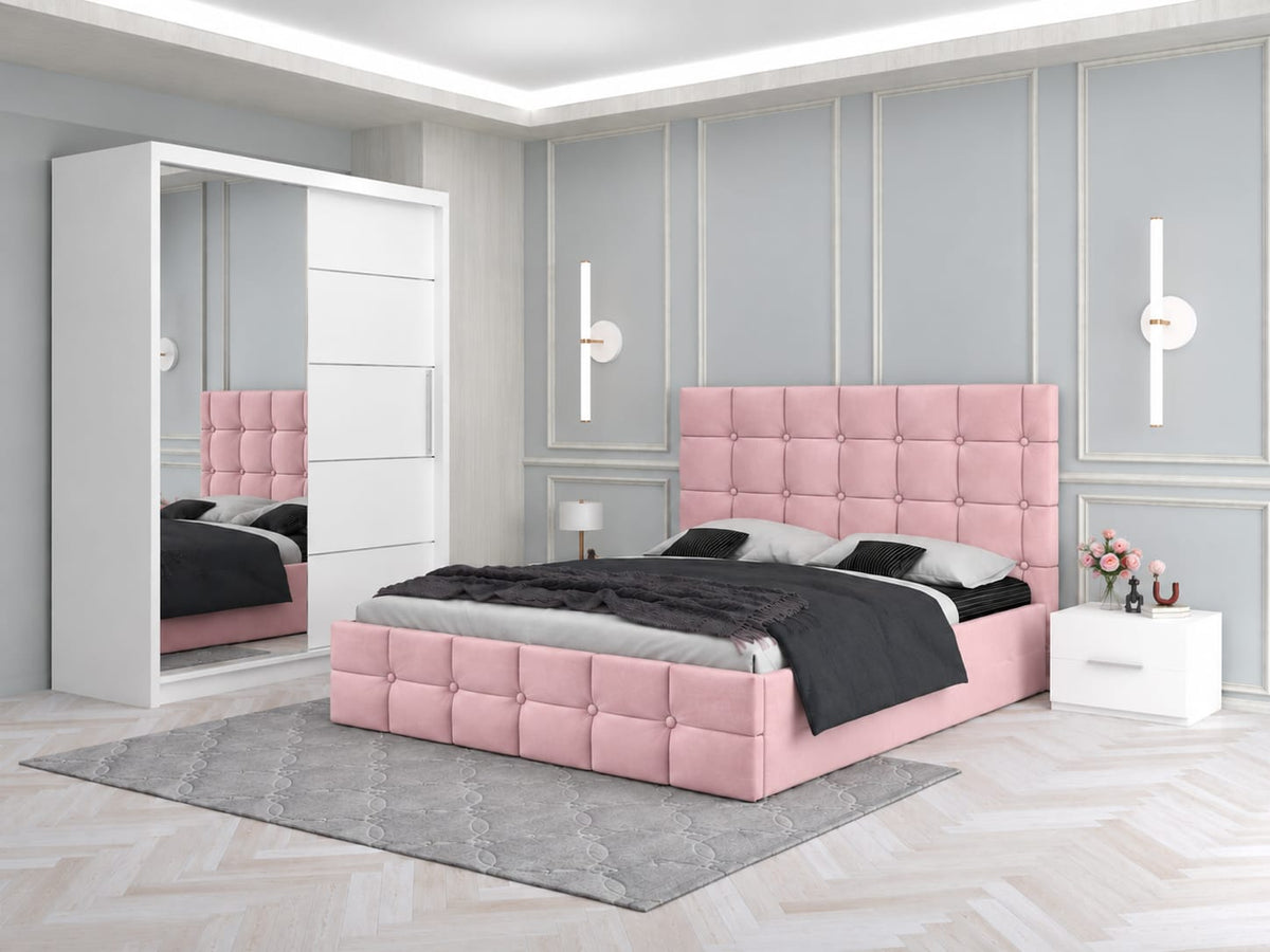 Dormitor Tapitat Roma Roz Cu Pat Tapitat, Dressing Smart 150 Si 2 Noptiere