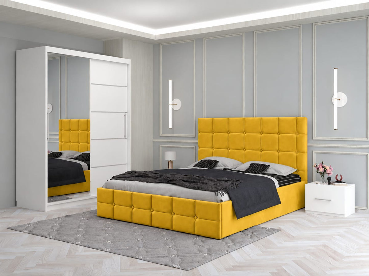 Dormitor Tapitat Roma Galben Cu Pat Tapitat, Dressing Smart 150 Si 2 Noptiere