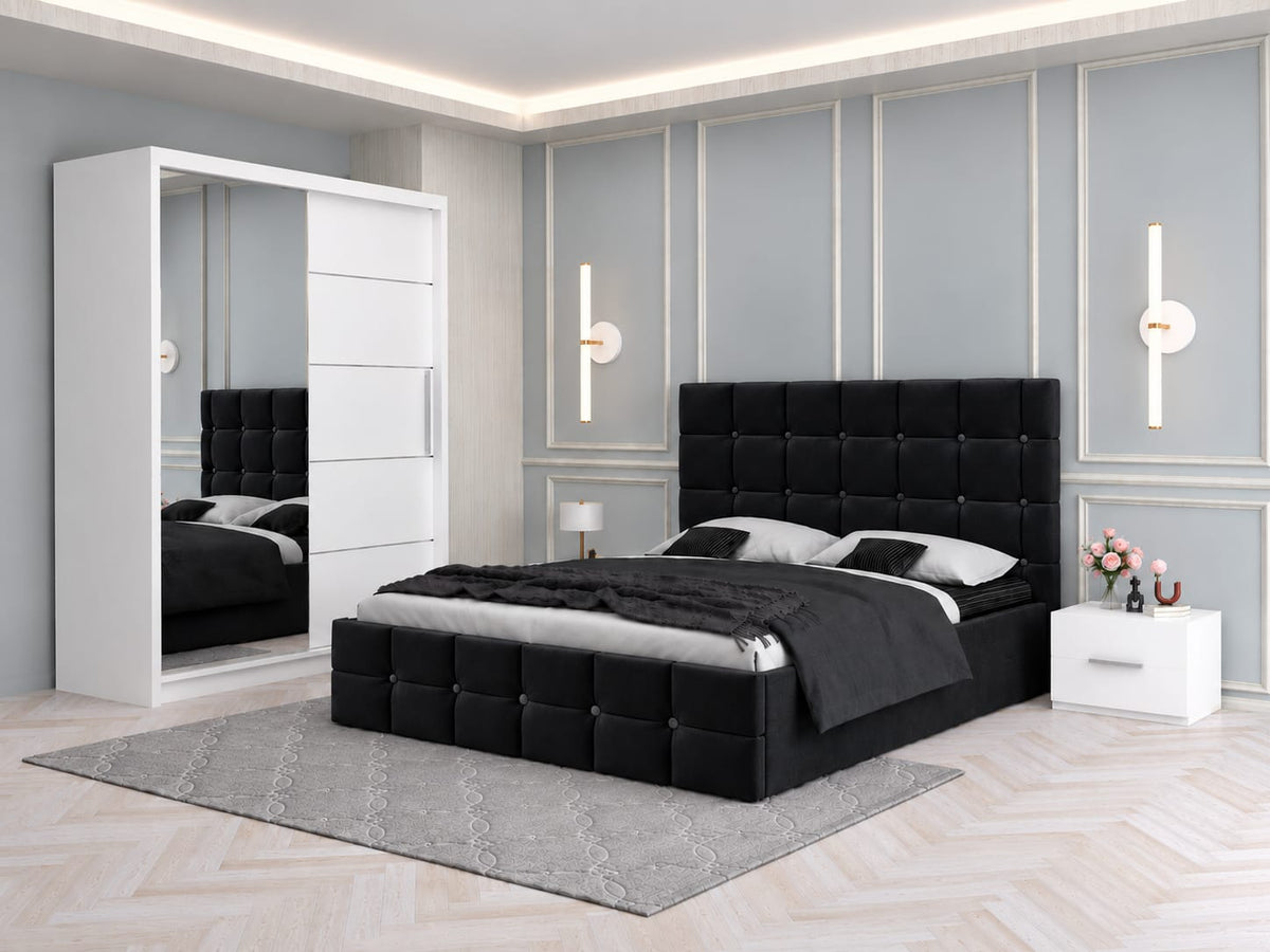 Dormitor Tapitat Roma Negru Cu Pat Tapitat, Dressing Smart 150 Si 2 Noptiere