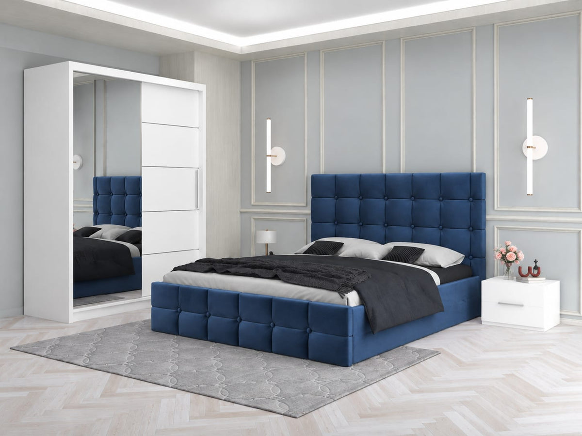 Dormitor Tapitat Roma Albastru Cu Pat Tapitat, Dressing Smart 150 Si 2 Noptiere