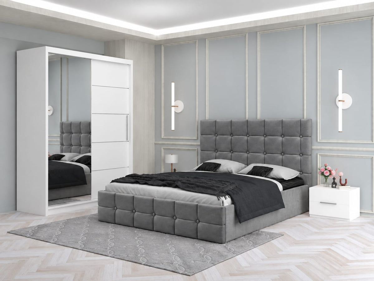 Dormitor Tapitat Roma Gri Cu Pat Tapitat, Dressing Smart 150 Si 2 Noptiere